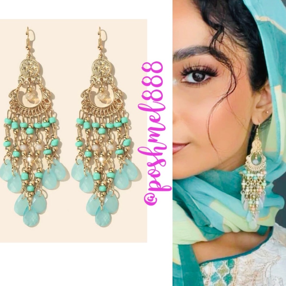 Exquisitely Exotic Hand Beaded Chandelier Earrings Blue, Green & Gold